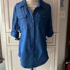 Denim button up top with cuffed sleeves